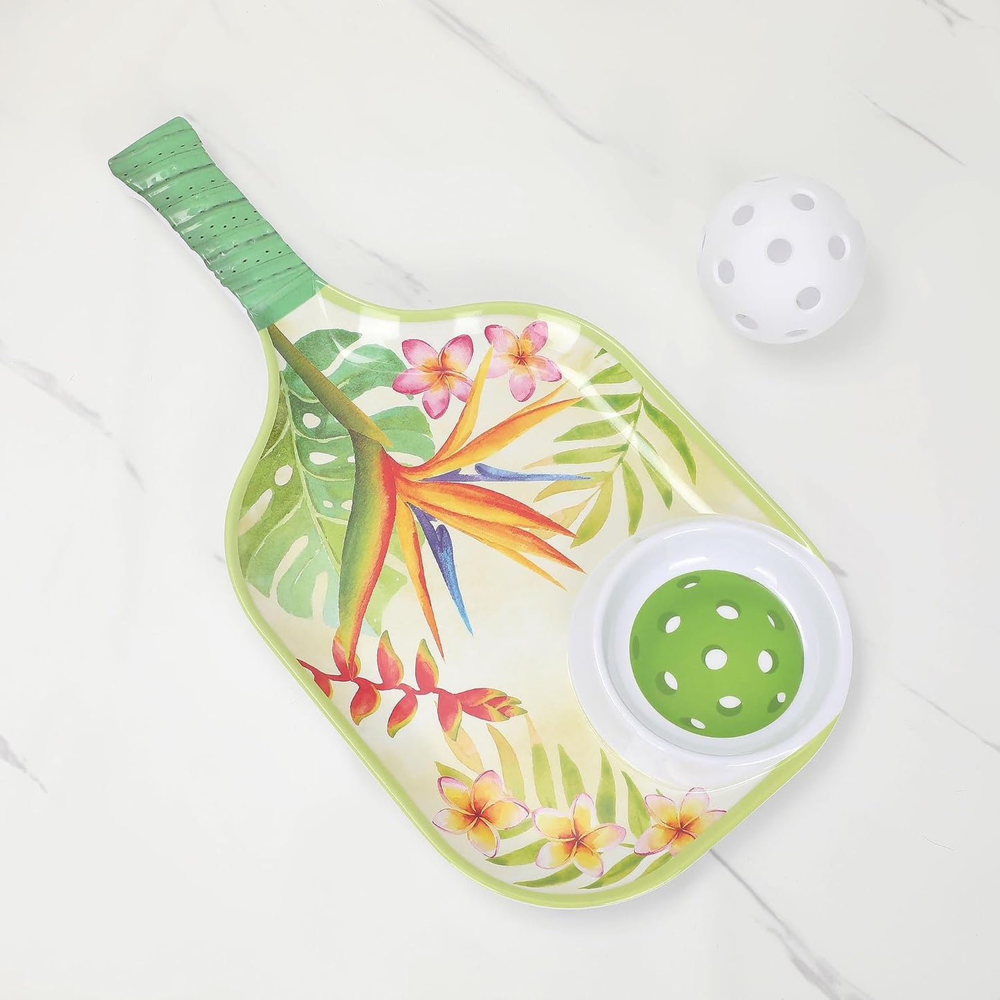 UPware Flamingo Melamine Chip and Dip Snack Tray, Tropical Floral Pickleball Paddle Shape Platter for Chips, Salsa, Fruits, and Appetizers, 15.75 x 8 Inch