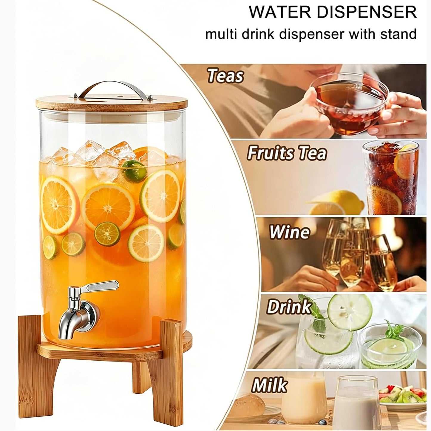 Beverage Dispenser,2.1 Gallon Glass Drink Dispenser with Stand,Glass water dispenser with Spigot, Large Drink Dispensers for Parties,Water Dispensers for Bar,Wedding,Restaurants 8L