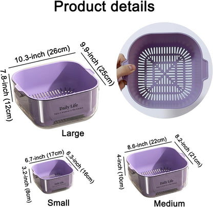 3 Pcs Set Double-Layer Plastic Colander, Large Capacity Food Strainers, Fruits Vegetable Washing Draining Basket, Detachable and Stackable Multi-Layer Strainer Bowl, Easy to Clean for Kitchen (Brown)