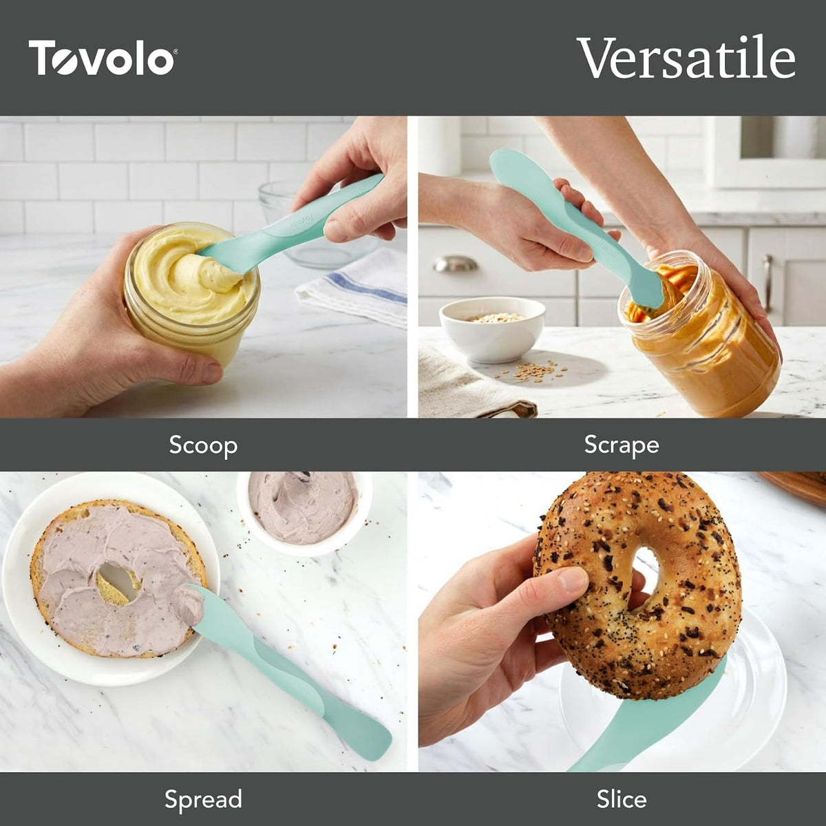 Tovolo Mini Scoop & Spread Tool for Kitchen Meal Prep Small Sandwich Spreader Spatula for Peanut Butter Jelly, Silicone BPA Free Dishwasher Safe Scooper Spreader, Aqua Seafoam Green