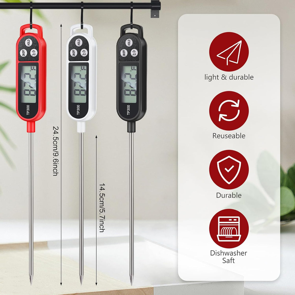 Copkim Instant Read Meat Thermometer Long Probe,Black, White, Red