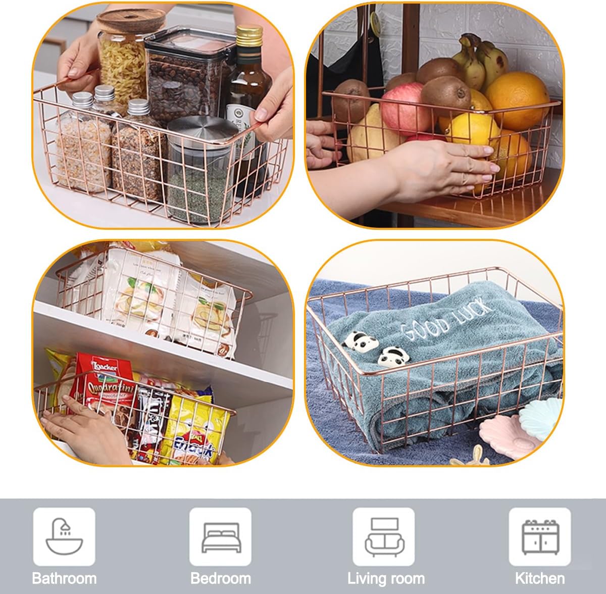 3 Pack Large Wire Baskets for Organizing 14.2'' Metal Wire Baskets with Built-in Handles, Wire Storage Basket Black Metal Freezer Organizer Wire Basket for Pantry, Cabinets, Bathroom