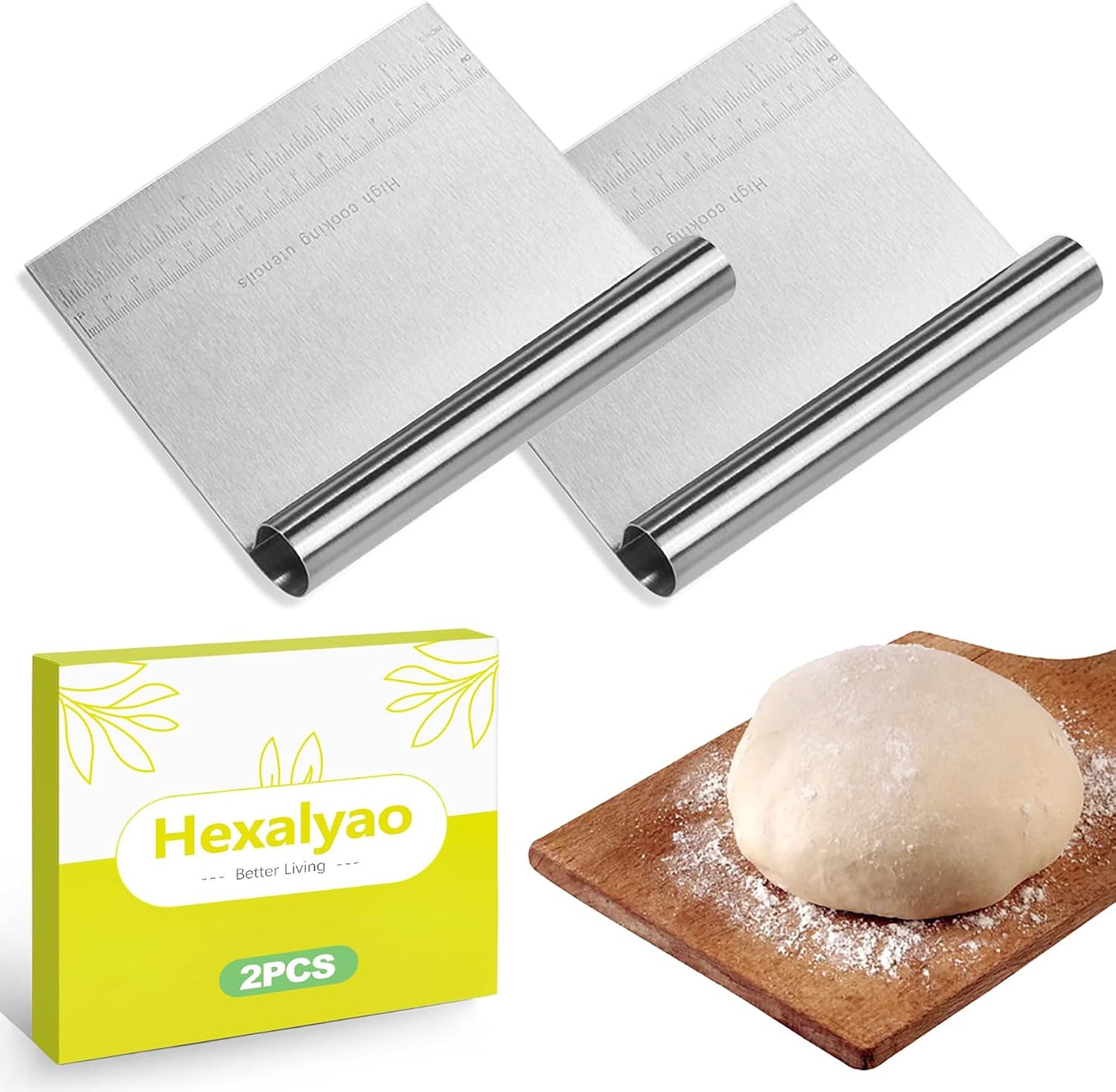 2 Pack Dough Scraper Bench Scraper Stainless Steel Pastry Cutter with Measuring Scale for Bread Dough Cake Pizza Baking Tool Kitchen Accessories Easy Grip Durable and Easy to Clean