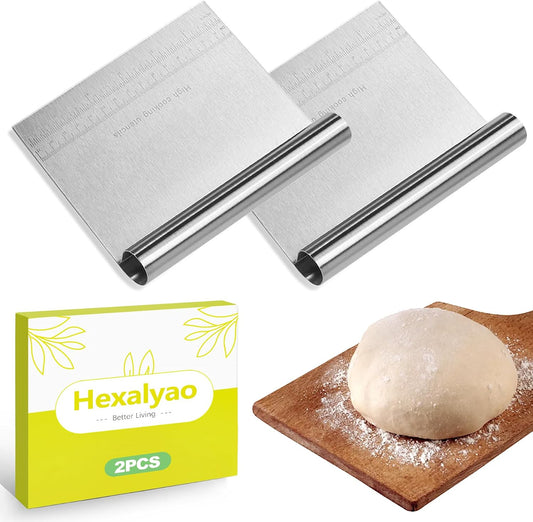 2 Pack Dough Scraper Bench Scraper Stainless Steel Pastry Cutter with Measuring Scale for Bread Dough Cake Pizza Baking Tool Kitchen Accessories Easy Grip Durable and Easy to Clean