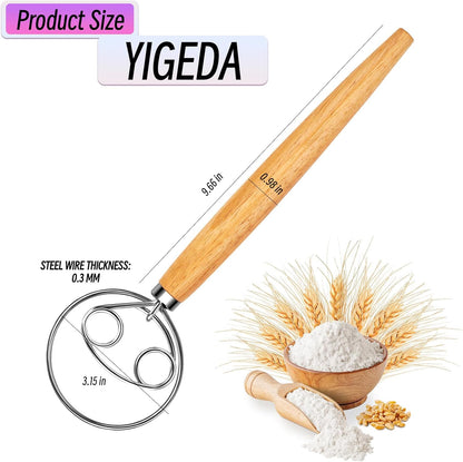 Danish Dough Whisk, Stainless Steel Wood Handle for Sourdough Bread