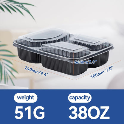 Take Out Containers 38 oz 40 Pack - Shrink Wrapped 3 Compartment Leakproof Catering | BPA Free PP Plastic Microwave & Freezer Safe | Flexible Reusable Commercial Black Lunch Boxes with Lid