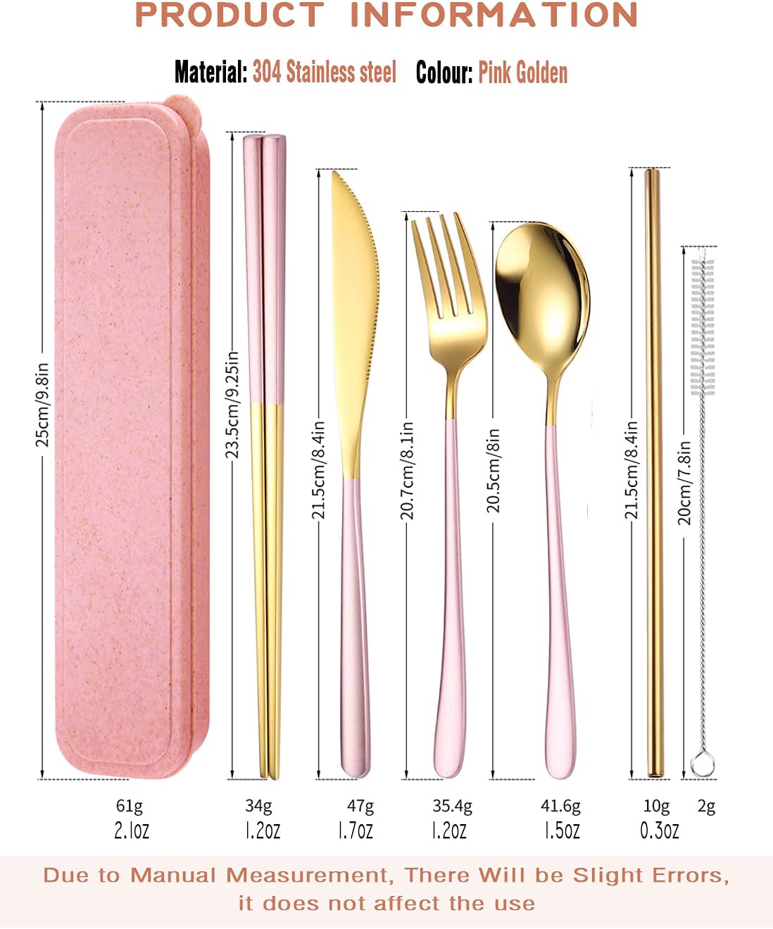 AARAINBOW 6 Pieces 18/8 Stainless Steel Flatware Set Portable Reusable Cutlery Set Travel Utensils Set Including Chopsticks Knife Fork Spoon Straws Cleaning Brush Dishwasher Safe (Green golden)