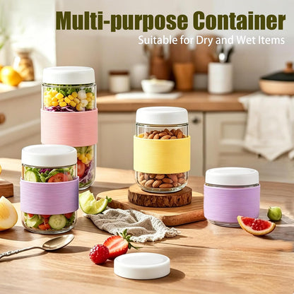 16 oz (6 Pack) Overnight Oats Containers with Airtight Lids and Silicone Sleeves, Leakproof Glass Meal Prep Containers, Wide Mouth Cookie Jars for Yogurt Chia Salad Smoothies Snacks