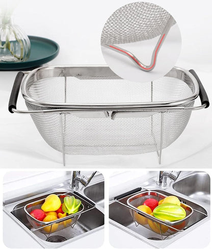 AJIODA Over The Sink Colander, 4 Quarts Stainless Steel Oval Colander with Expandable Rubber Grip Handle, Fine Mesh Strainer Baskets Kitchen Colanders for Strain, Drain, Rinse Vegetable, Fruits, Black
