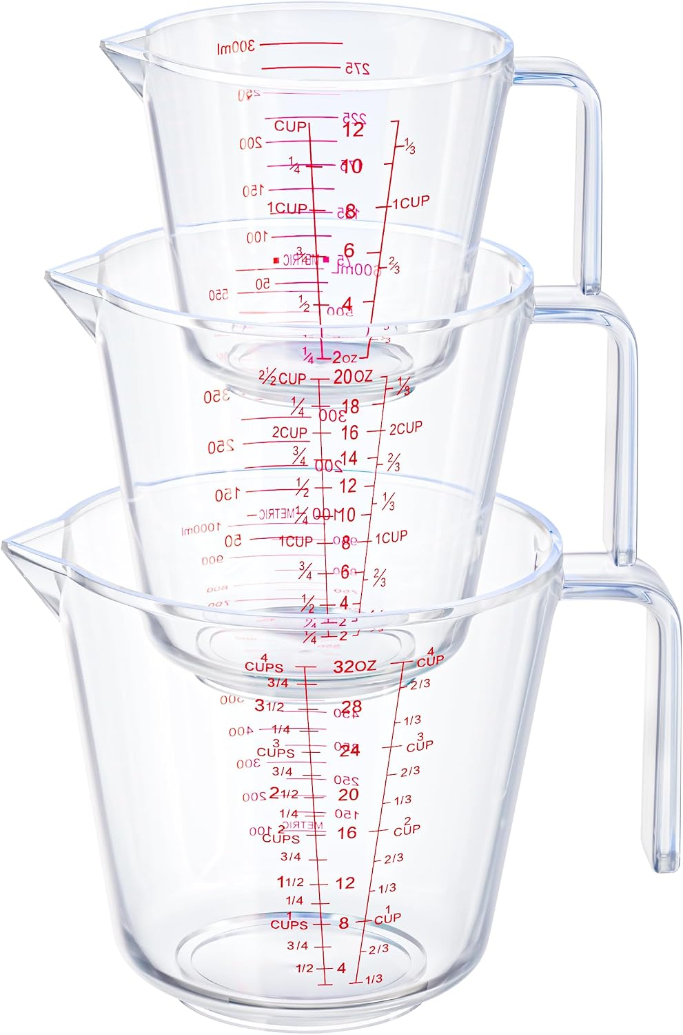 Measuring Cups, Plastic Measuring Cups Set of 3-1000ml, 600ml, 300ml with Spout & Easy-Pour Design, Leak-Proof, Cooking, Baking, Liquid & Dry Ingredients, (ML/OZ/CUP)