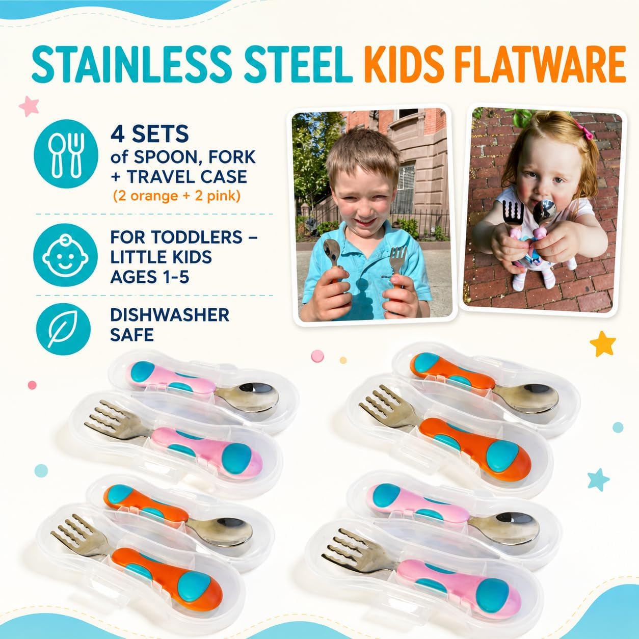 kinsho Toddler Utensils - Kids Silverware Set with Travel Case 3 pack - Stainless Steel Forks Spoons for 1 2 3 4 Years Old. Metal Lunch Box Cutlery for Children Girls, Round Handle, 6 Pieces Pink Blue