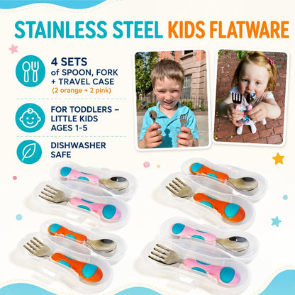 kinsho Toddler Utensils - Kids Silverware Set with Travel Case 3 pack - Stainless Steel Forks Spoons for 1 2 3 4 Years Old. Metal Lunch Box Cutlery for Children Girls, Round Handle, 6 Pieces Pink Blue