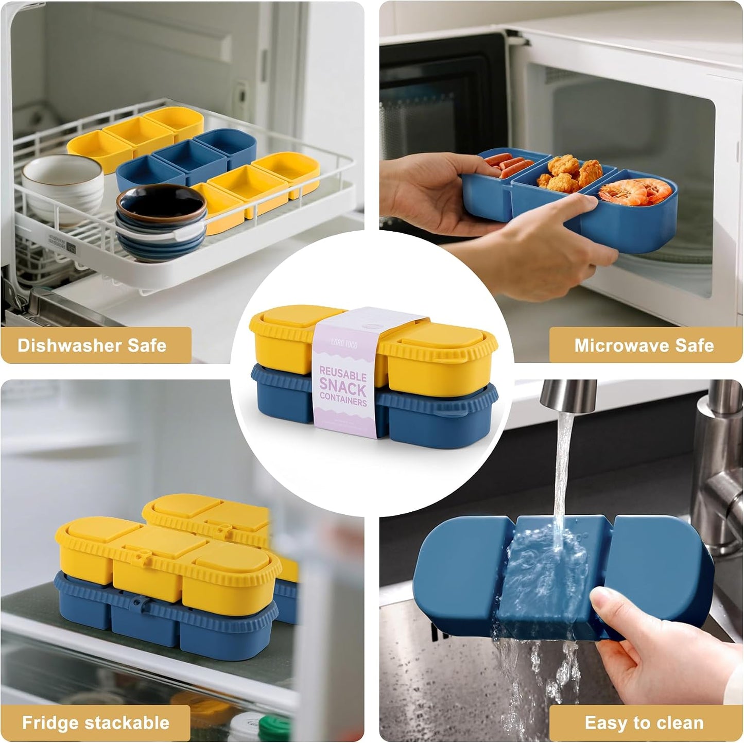 Silicone Reusable Snack Containers with Lids, 4 Pack 3 Compartment Bento Snack Boxes, Leakproof Food Storage Containers for Meal Prep, Lunch, Fruits, Kids & Adults, Dishwasher Safe