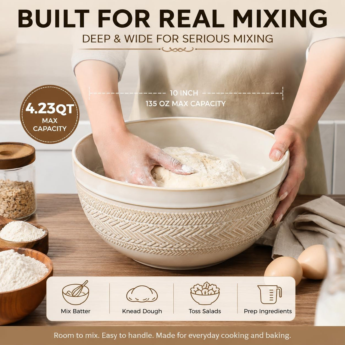 Ceramic Mixing Bowls Set of 3, Large Nesting Serving Bowls