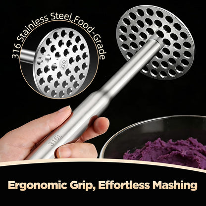 Manual Potato Masher, Stainless Steel Heavy Duty Hand Food Smasher with Large Round Mashing Plate, Reinforced Thick Handle Kitchen Tool for Mashed Potatoes, Avocado,Beans and Baby Food(LP PM-01)