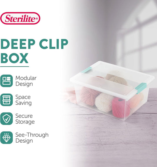 Sterilite Deep Clip Box, Stackable Small Storage Bin with Latching Lid, Plastic Container to Organize Paper, Office, Home, Clear Base and Lid, (Pack of 4)