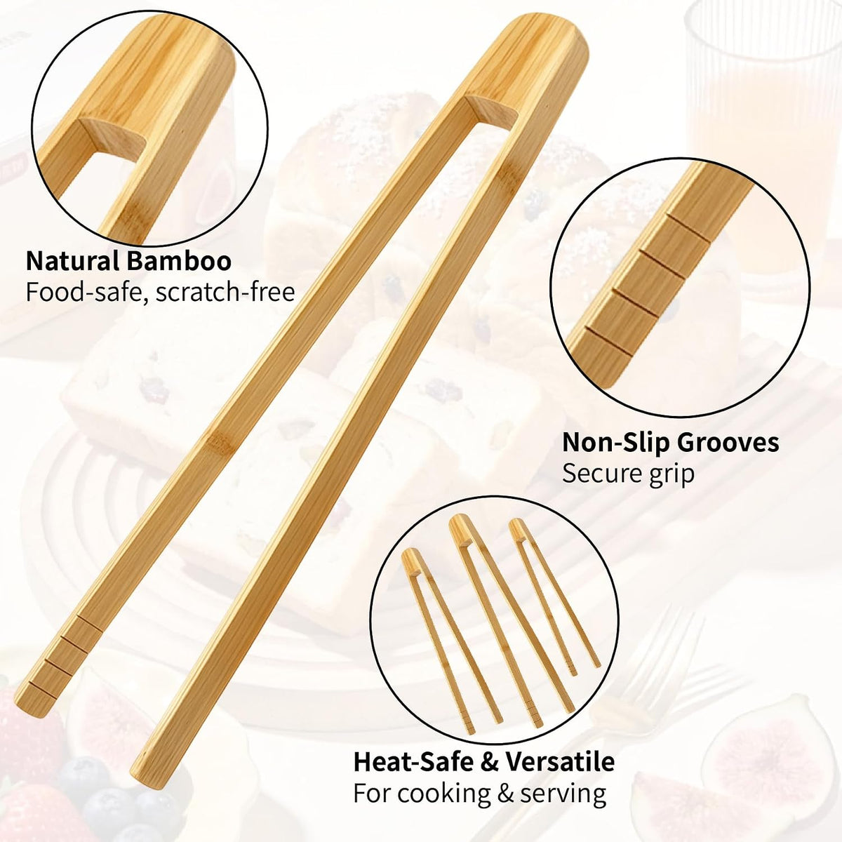3 Pack Bamboo Toast Tongs, 8 10 12 Inch Wooden Toaster Tongs with Anti-Slip Design, Kitchen Tongs for Cooking Salad Bread Food Serving