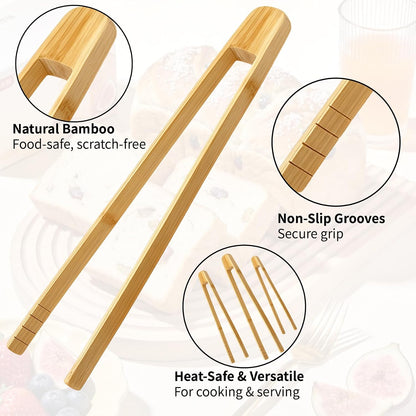 3 Pack Bamboo Toast Tongs, 8 10 12 Inch Wooden Toaster Tongs with Anti-Slip Design, Kitchen Tongs for Cooking Salad Bread Food Serving