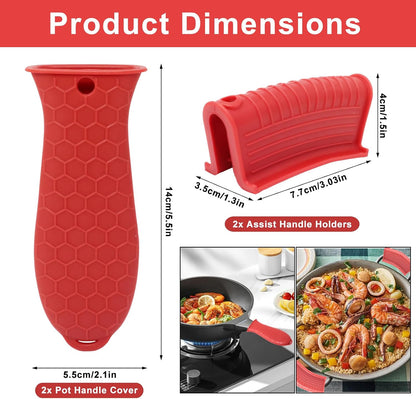 4 PCS Silicone Pot Holders Set Non-Slip Hot Handle Covers Heat Resistant Pan Handle Sleeves for Cast Iron Skillets, Frying Pans, Griddles, Kitchen Cooking Accessories