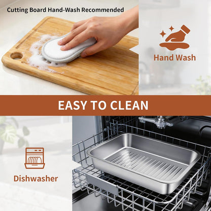 ENLOY 9-in-1 Stainless Steel Grilling Prep and Serve Trays Set, Large Capacity Food Prep Tray & Grill Carry System with Lid, Cutting Broad & 2 Food Tongs, Cleaning Cloth & 2 Gloves for Pickling Food