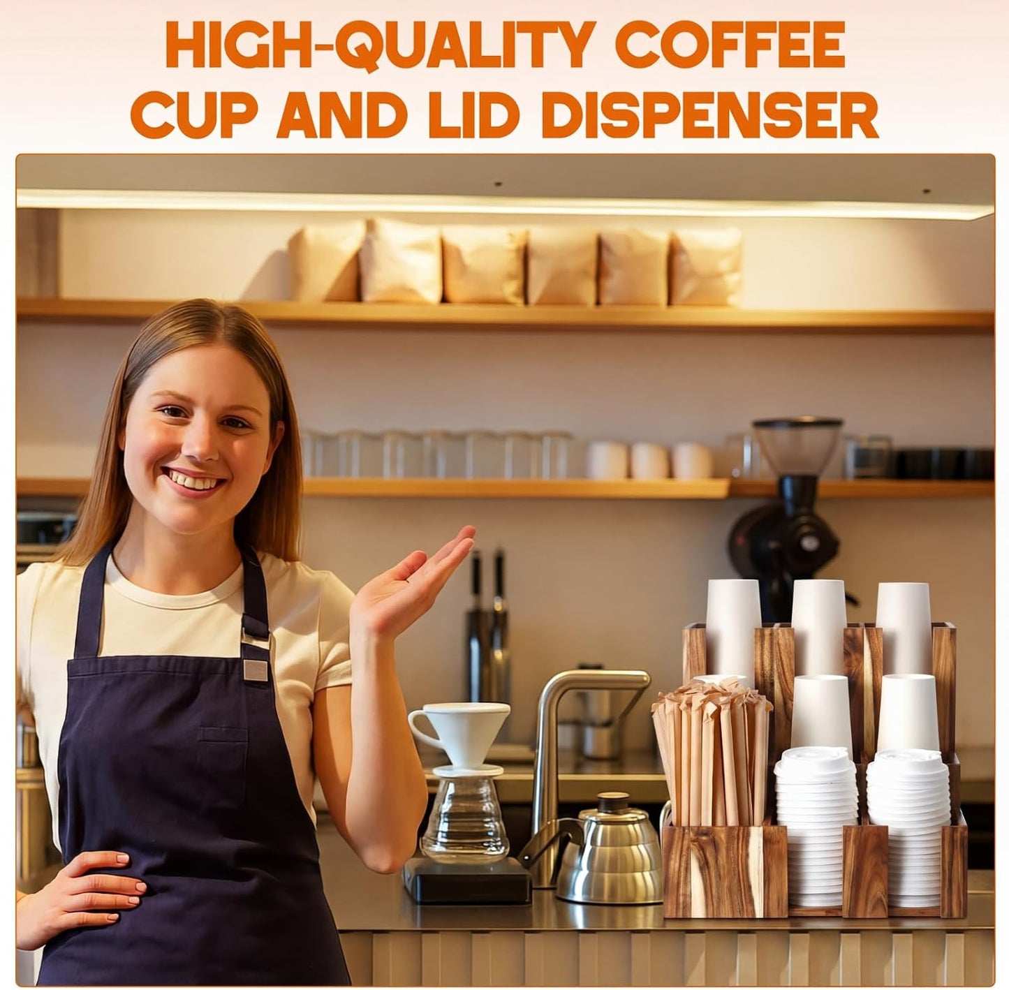 CroBlissful Wooden Vertical Coffee cup and lid dispenser, coffee condiment organizer, 9 Compartment for Disposable Paper & Plastic Cup, for cabinet Station Home Countertop Bar 13''l x 13''w x 12''h