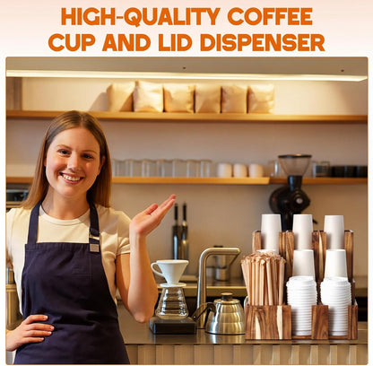 CroBlissful Wooden Vertical Coffee cup and lid dispenser, coffee condiment organizer, 9 Compartment for Disposable Paper & Plastic Cup, for cabinet Station Home Countertop Bar 13''l x 13''w x 12''h