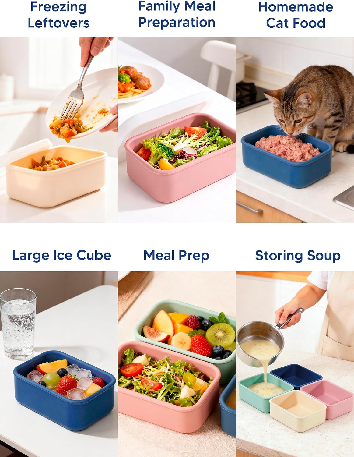 4 PCS 3.5 Cup Silicone Freezer Trays with Lid, Durable Silicone Soup Freezer Molds for Meal Prep and Food Storage, Reusable Freezer Containers for Soups Sauces Stews Curries (Lake Blue)