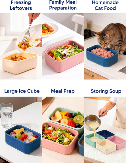 4 PCS 3.5 Cup Silicone Freezer Trays with Lid, Durable Silicone Soup Freezer Molds for Meal Prep and Food Storage, Reusable Freezer Containers for Soups Sauces Stews Curries (Lake Blue)