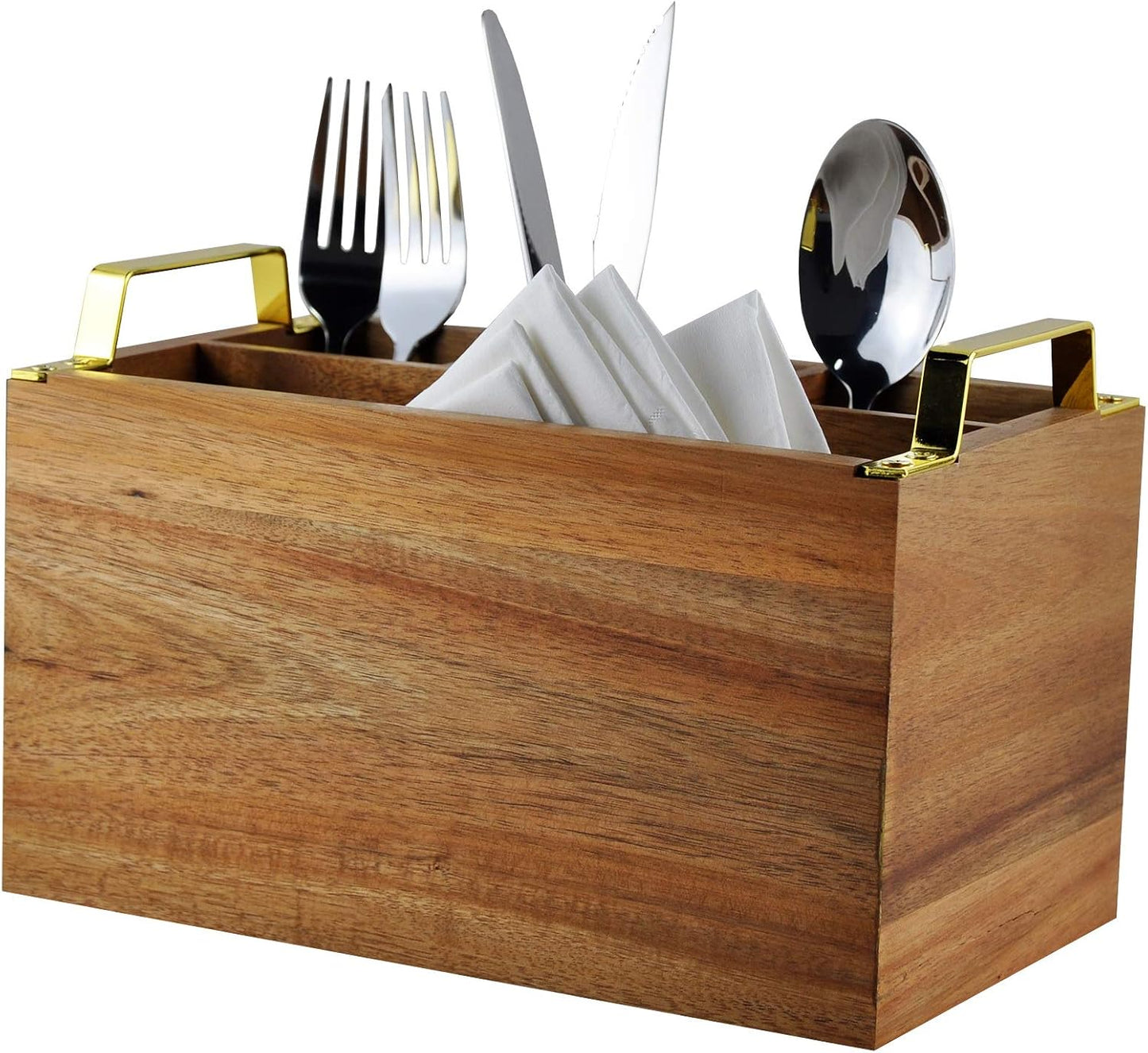 Acacia Wood Flatware Caddy - 4 Compartment Silverware Utensil Holder with Golden Metal Handles - 10" W x 6" D x 6.5" H, 2 lbs