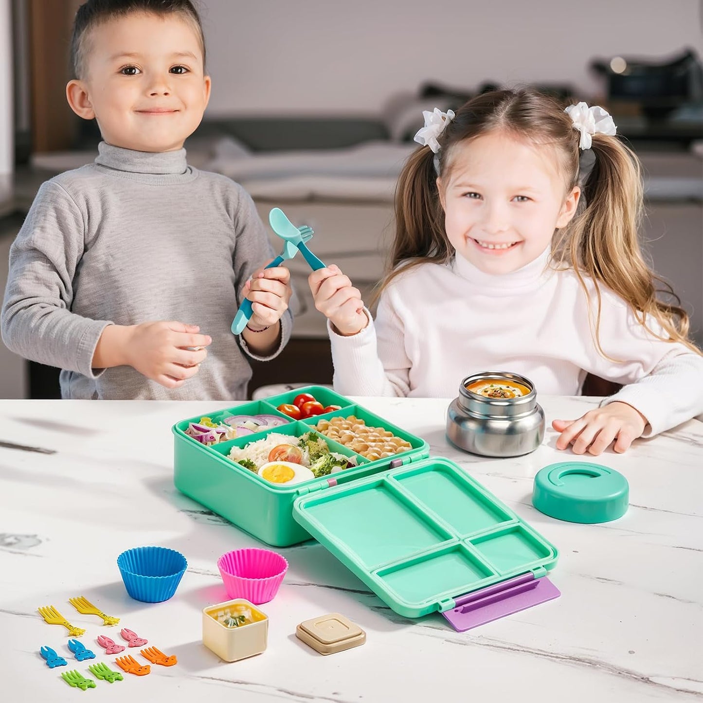 JSLOVE Bento Lunch Box with Leak Proof Thermos Food Jar for Kids, Food Lunch Containers for Boys with 4 Compartments, BPA-Free with Utensils, Food Picks, Sauce Jar & Silicone Lunch Box Dividers