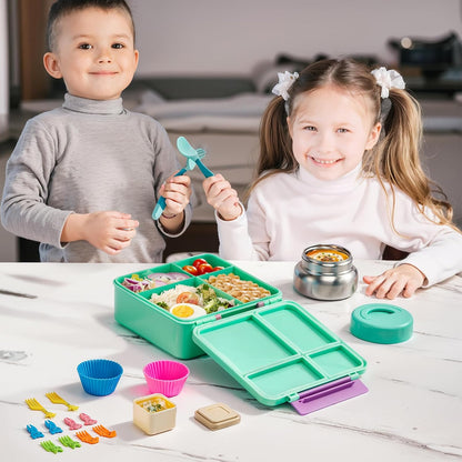 JSLOVE Bento Lunch Box with Leak Proof Thermos Food Jar for Kids, Food Lunch Containers for Boys with 4 Compartments, BPA-Free with Utensils, Food Picks, Sauce Jar & Silicone Lunch Box Dividers