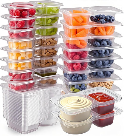 20 Pack Reusable Snack Containers with Lids, Double Compartment Snack Containers for kids & Adults -2 Compartment Condiment Containers, Dishwasher & Microwave Safe, for Portion Control, Meal Prep