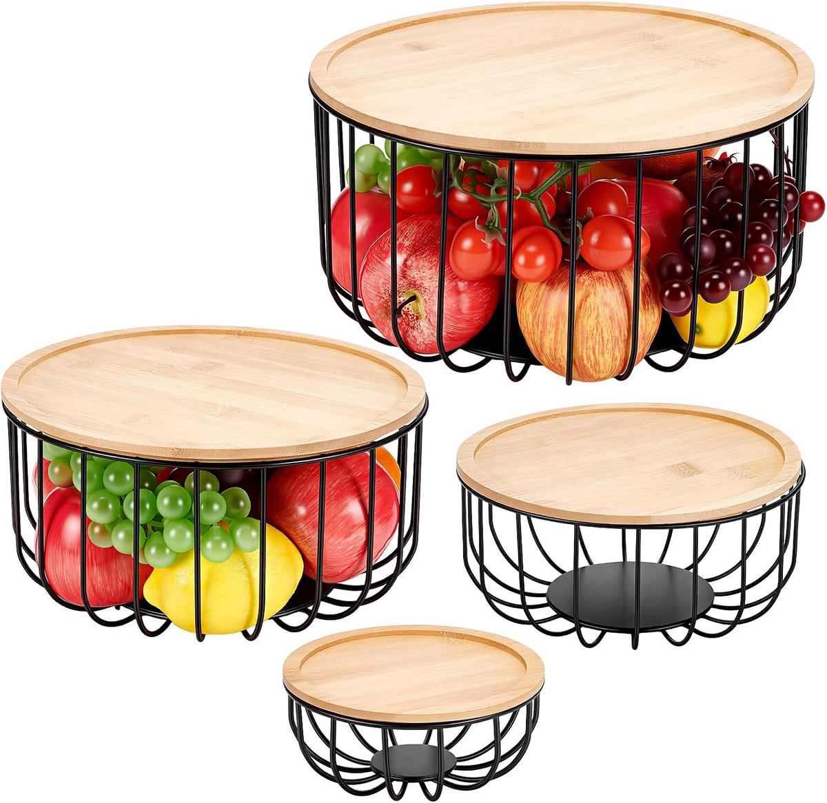 4Pcs Fruit Basket for Kitchen Counter Set, 11.9/10/8/6Inch Round Fruit Basket with Wooden Lid Countertop Bin for Produce Fruits Lemon Banana Candy Snack in Office, Black, 4 Size