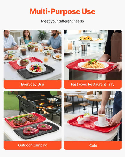 VEVOR Plastic Serving Trays, 2-Pack Grilling Prep and Serve Trays with Handles, 17x10.35 Inch Anti-Slip Melamine Food Tray, Ideal for BBQ, Kitchen, Cafeteria, Ottoman, Coffee Table, Black and Red