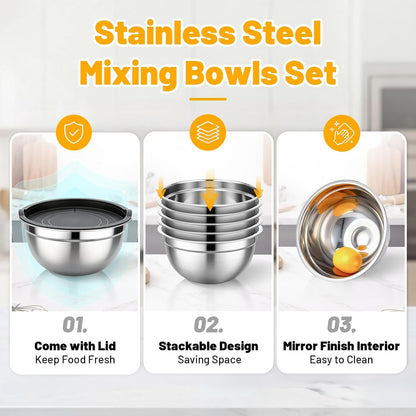 Beasea Stainless Steel Mixing Bowls, 5 Pack 1.5 QT Stackable Nesting Mixing Bowls with Airtight Lids, Metal Bowl with Lid for Baking, Meal Prepping, Salad, Serving, Food Storing