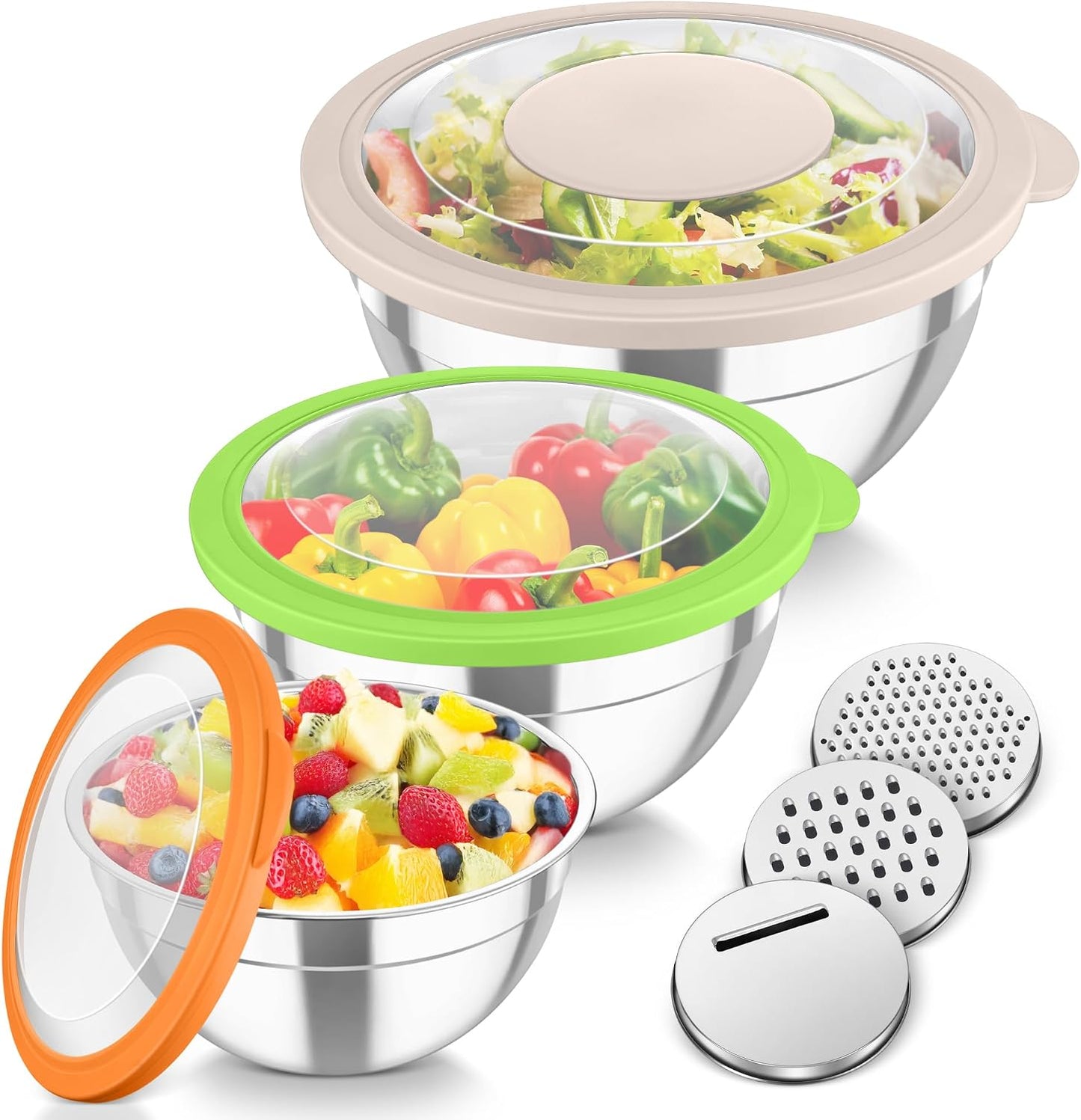 TeamFar Mixing Bowls, Stainless Steel Nesting Salad Bowls with Lids Set of 3 & 3 Grater Attachments, For Mixing/Serving/Storing, Non-toxic & Long-lasting, Size 4.6/3 / 1.5 QT, Black