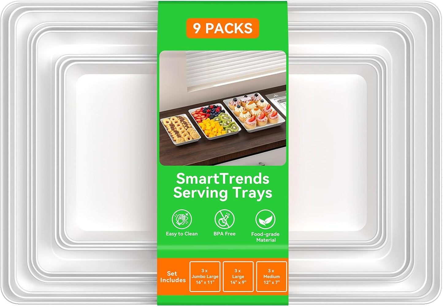 6-Pack Serving Tray for Parties, Serving Platter in 3 Sizes for Entertaining, Food Display, Plastic Trays for Cookies, Stackable Rectangular Platters for Family(White)