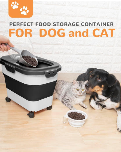 20-23 Lbs Dog Food Storage Container - Collapsible Dog Food Container with Attachable Casters and Scoop,Travel Silicone Bowl, Pet Food Storage Containers to Keep Dry Food Fresh,Easy to Move