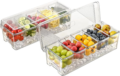 Large Chilled Condiment Caddy,Stackable Chilled Condiment Containers Server with Lids for 5 Removable Compartments (5 Containers, 1 pack)