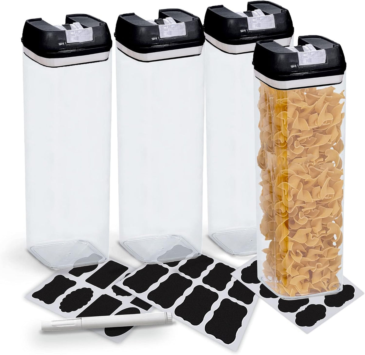 Cheer Collection One Size Airtight Food Storage Containers - Set of 4 IDENTICAL 65 oz Pantry Organizer Bins plus Marker and Labels - Black Lids