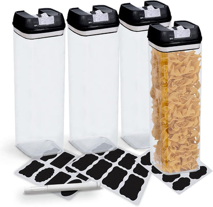 Cheer Collection One Size Airtight Food Storage Containers - Set of 4 IDENTICAL 65 oz Pantry Organizer Bins plus Marker and Labels - Black Lids