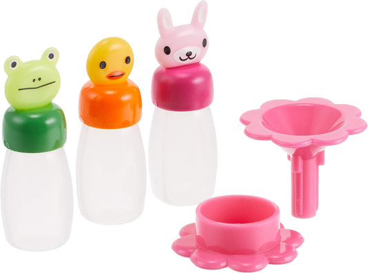 CuteZCute Bento Soy Sauce Case Container Set with Funnel, 3 Bottles (5ml Each), 1 Funnel, 1 Stand, Multicolor, 2" L x 0.5" H, Playful, Whimsical