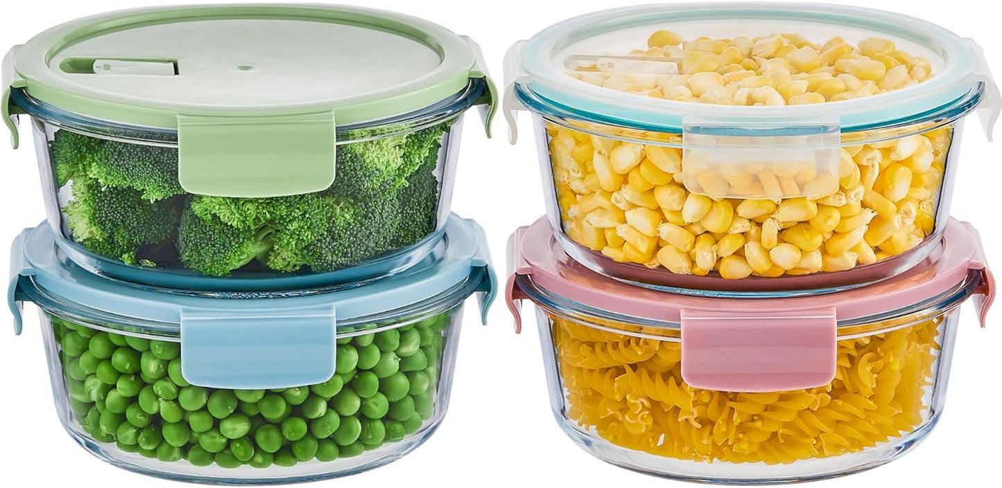 8 Pcs Round Glass Containers with Lids Airtight 4 Cup Glass Storage Containers Set Meal Prep Containers for Soup Leftover Microwave, Dishwasher, and Freezer Safe(4 Sets