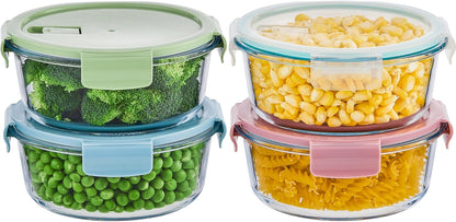 8 Pcs Round Glass Containers with Lids Airtight 4 Cup Glass Storage Containers Set Meal Prep Containers for Soup Leftover Microwave, Dishwasher, and Freezer Safe(4 Sets