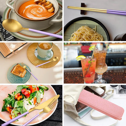 AARAINBOW 8 Pieces Stainless Steel Flatware Set Portable Reusable Cutlery Set Travel Utensils Set Including Chopsticks Knife Fork Spoon Straws Cleaning Brush Dishwasher Safe (Pink Golden)