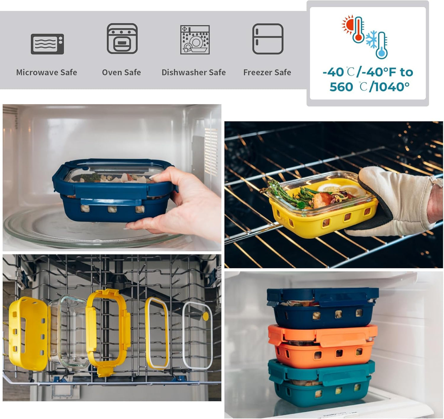 GENICOOK Glass Food Storage Containers With Glass Lids Bento Box Set Lunch Box Eco Friendly Meal Prep Containers Airtight – Plastic Free, Silicon Sleeve Bpa Free 4.4cup/ 5 * 1050ml
