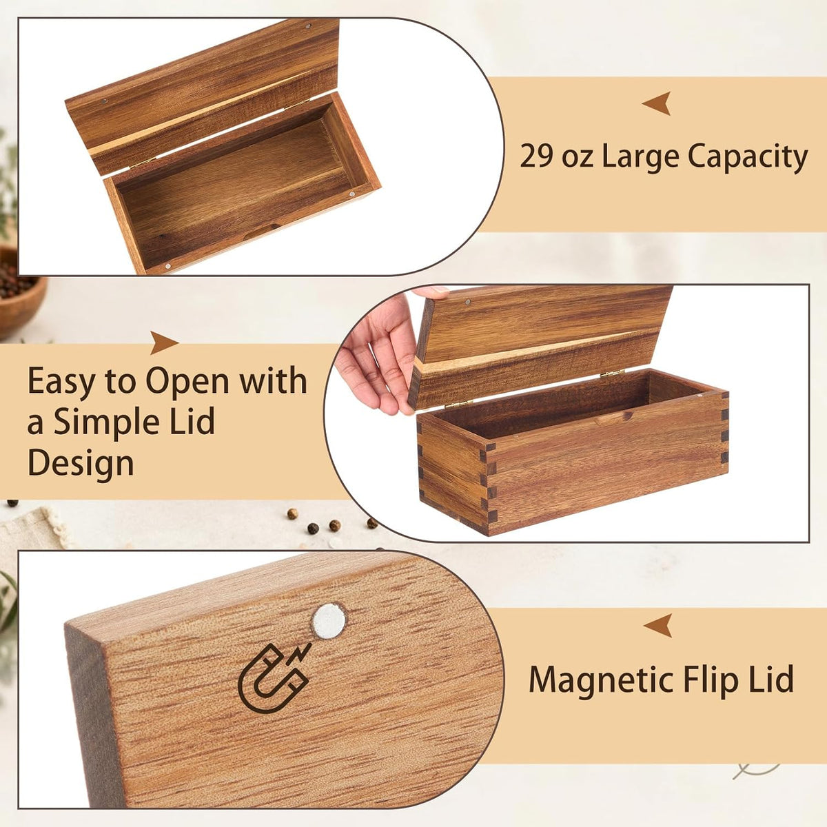 Acacia Wood Salt Cellar Spice Box with Magnetic Lid 29oz Large Capacity Salt Organizer 3 Compartments for Kitchen Countertop, Pepper, Seasonings, Spices, Grilling & Cooking