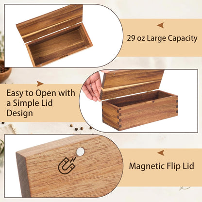 Acacia Wood Salt Cellar Spice Box with Magnetic Lid 29oz Large Capacity Salt Organizer 3 Compartments for Kitchen Countertop, Pepper, Seasonings, Spices, Grilling & Cooking