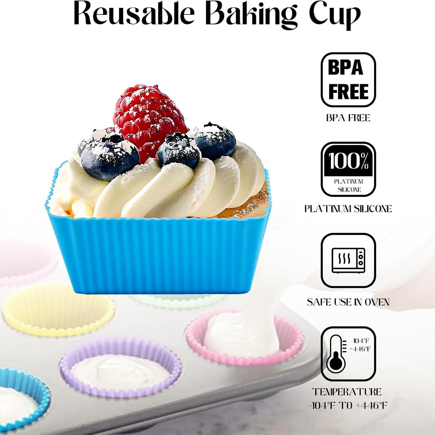 12 Pack Reusable Baking Silicone Molds, Round Cupcake Liners, Silicone Baking Cups Multicolor, Easy Clean, Heat Resistant, Muffin Cups for Homemade Birthday