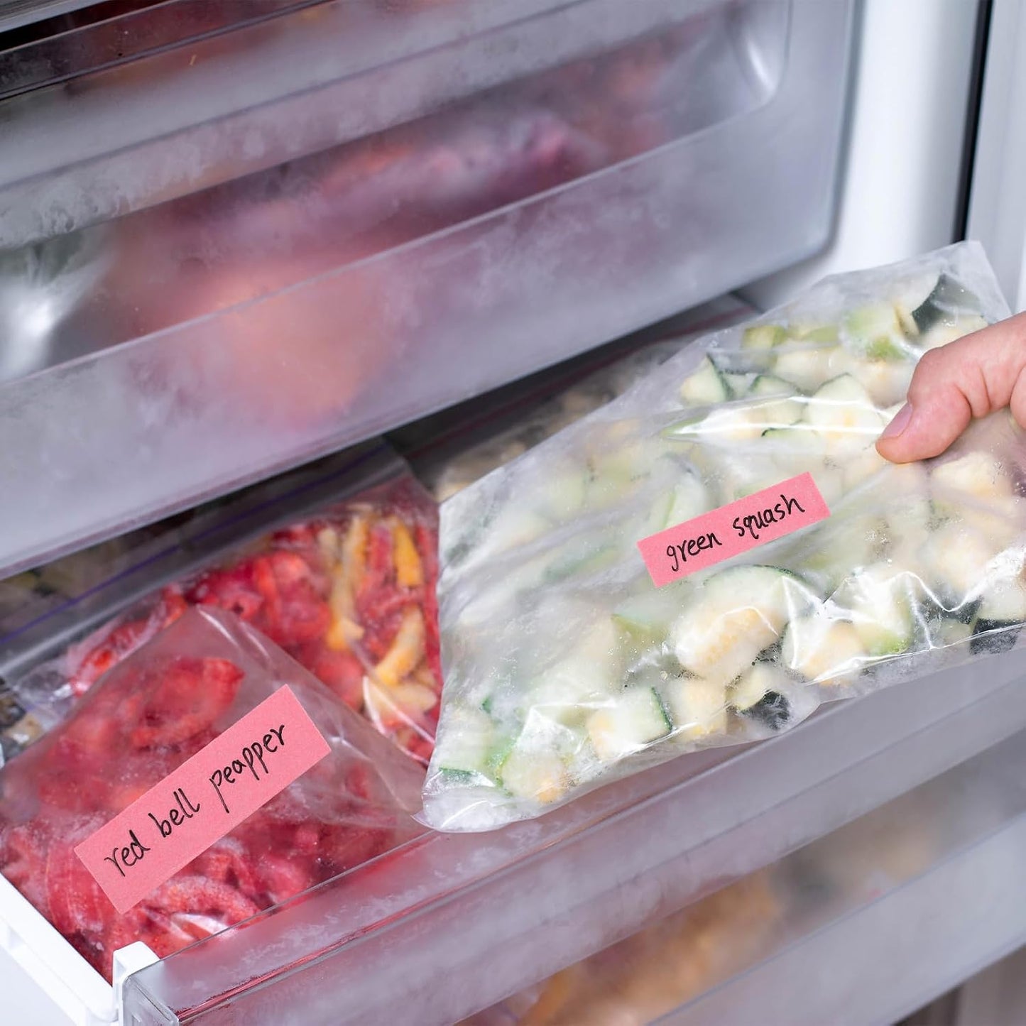 2 Kitchen Freezer Labeling Tapes with 1 Marker Pen, 0.47" x 54 yd Narrow Roll & 0.95" x 54 yd Wide Roll, Waterproof Low Temperature Freezer Marking Tape for Glass Bottle, Storage Container